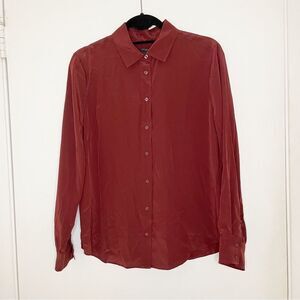 Ann Taylor Burgundy 100% silk long sleeve collar button down blouse top 6